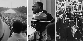 Marchers gathered on the National Mall; Martin Luther King Jr. addressing the audience; marchers en route from the Washington Monument to the Lincoln Memorial (Wikimedia Commons)